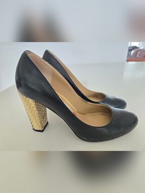Lauren Ralph Lauren Viona Leather Black W/Woven Gold/Black Heel Womens Shoe 6M